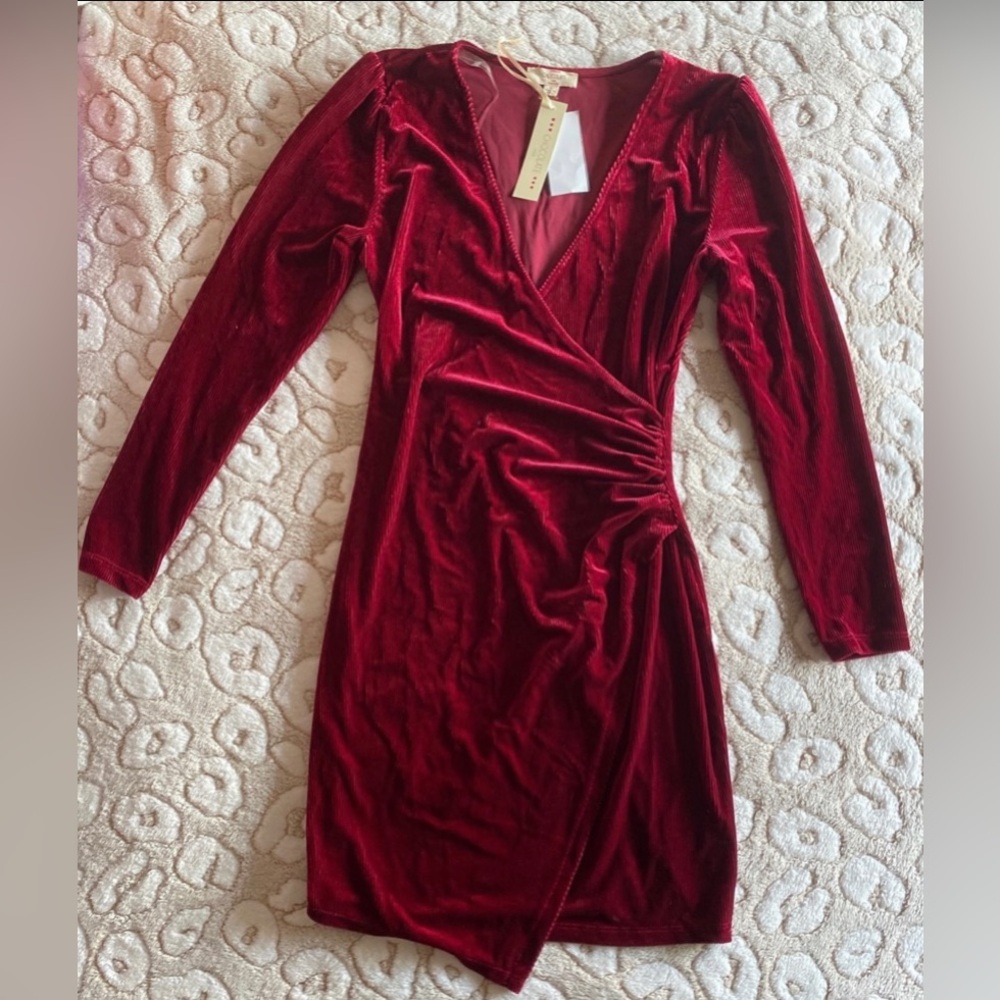 Red Velvet Wrap-Style Long Sleeve Dress